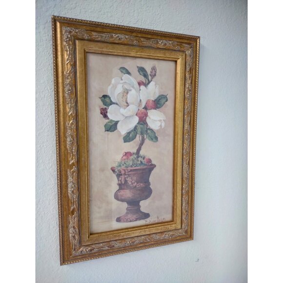 Vintage Home Interiors Barbara Mock Magnolia Floral Topiary Gold Framed Wall Art - Picture 6 of 17